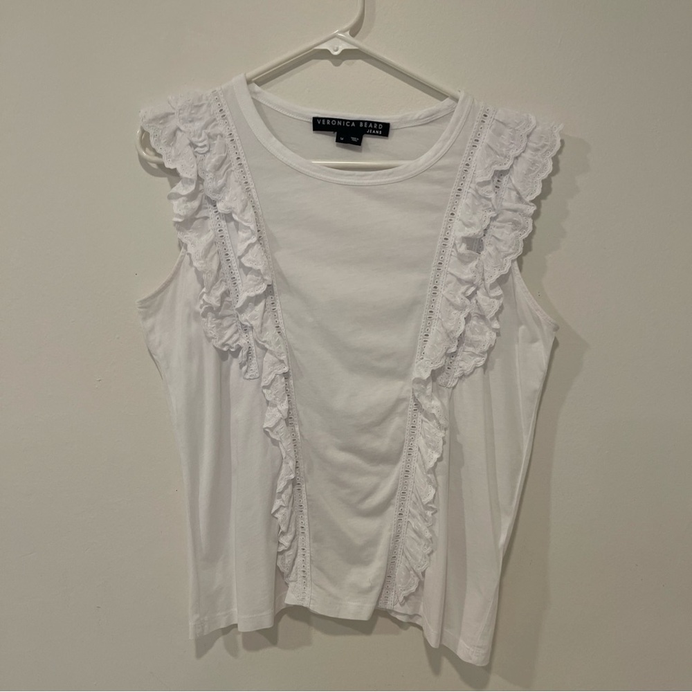 Veronica Beard White Ruffle Sleeveless Top